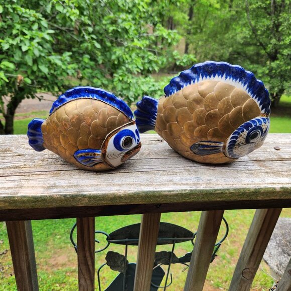 Rare Vintage Tonala Brass & Ceramic Fish Figurines signed Mexico Handcrafted Dec